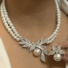 Graceful Pearl & Silver CZ Diamond Necklace SetSparkling Accents