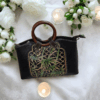 Elegant Antique Black Handbag with Wooden Handle