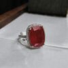 Ruby-Red Crystal Ring with Silver-Tone Halo and Pavé Band