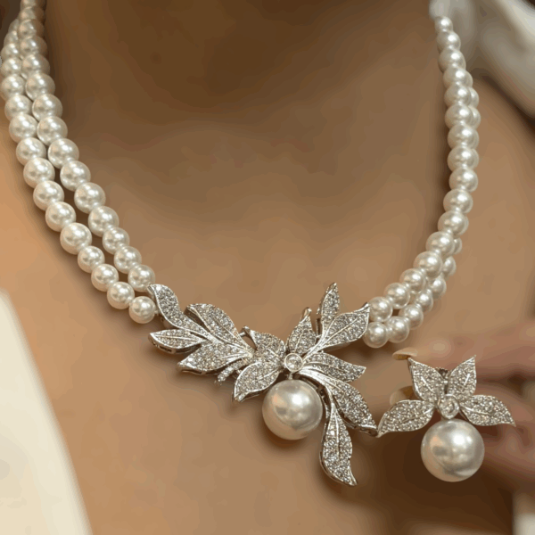 Graceful Pearl & Silver CZ Diamond Necklace SetSparkling Accents