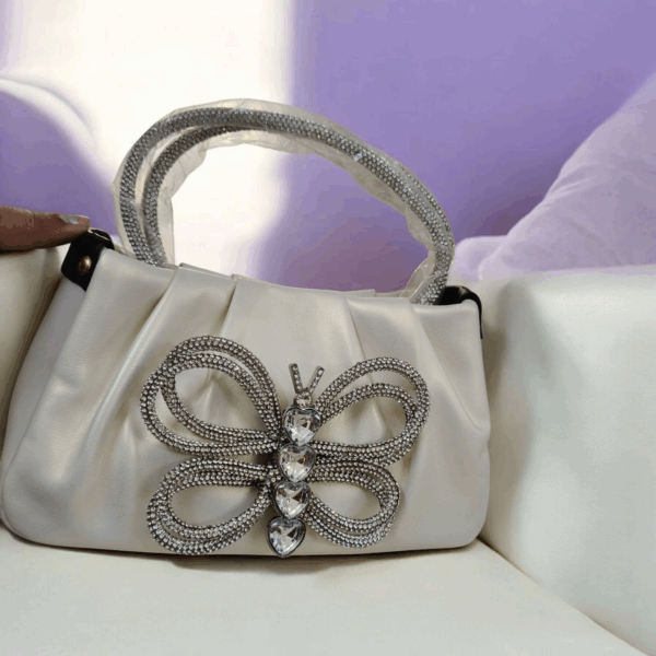 Elegant White Handbag with Crystal Butterfly Design – Glam Collection