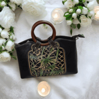 Elegant Antique Black Handbag with Wooden Handle - Image 2