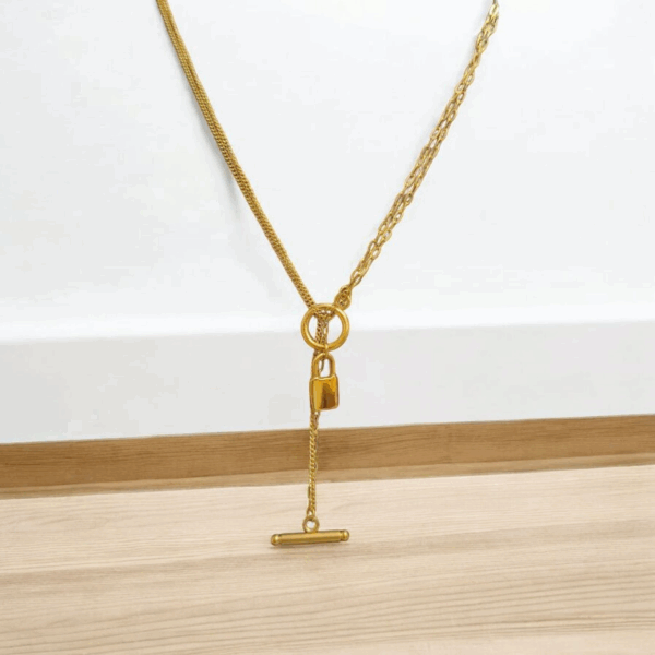 Bold Gold-Plated Lock Pendant Necklace with Dual Chain and Bar Charm