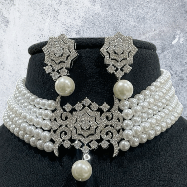 Elegant Real Pearl Necklace with CZ American Diamonds