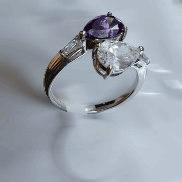 Elegant Two-Stone Bypass Ring with Pear-Cut Amethyst and Diamond Accents