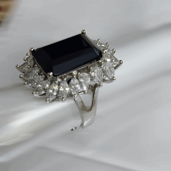 Midnight Majesty Emerald-Cut Black Stone Halo Ring