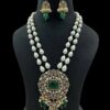 Dual Strand Pearl Necklace Set with Ornate Moissanite Polki Pendant and Green Stone Details