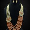 Statement Pearl and Orange Beaded Necklace Set with Carved Butterfly Motifs
