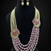 Statement Pearl and Pink Beaded Necklace Set with Carved Butterfly Motifs