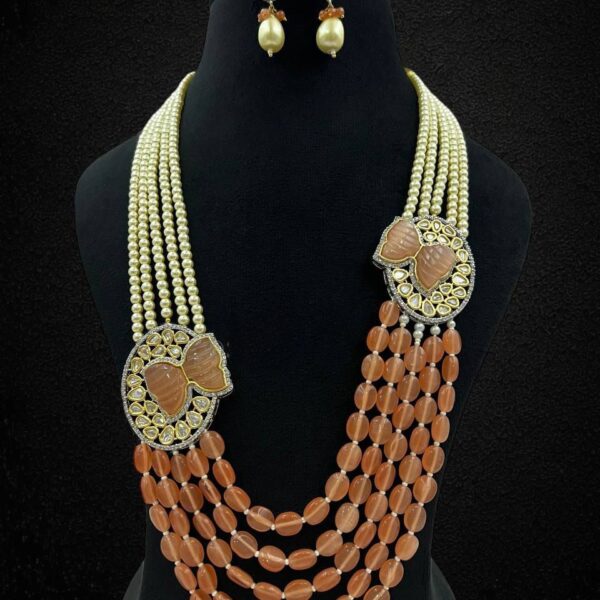 Statement Pearl and Orange Beaded Necklace Set with Carved Butterfly Motifs