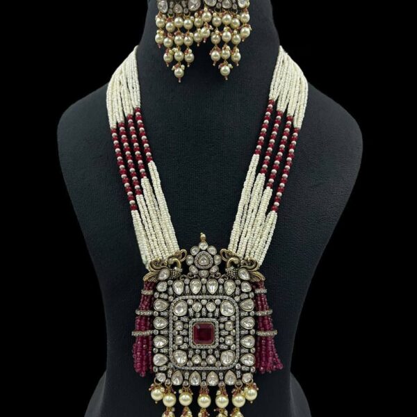Moissanite Polki Pearl & Ruby Beaded Necklace Set