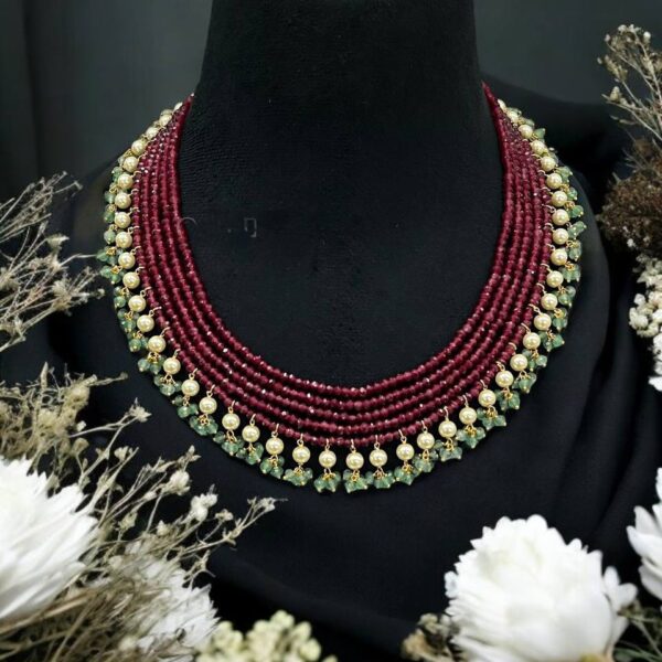 Emerald Beaded Pearl with Ruby Necklace Set