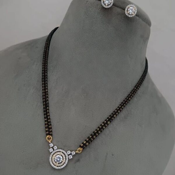 Dual-Strand Black Bead Mangalsutra with CZ Diamond Halo Pendant & Studs
