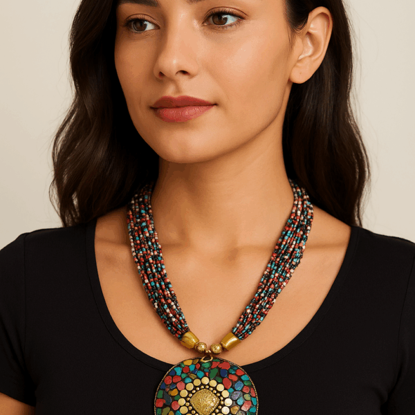 Multicolor Beaded Mosaic Pendant Necklace